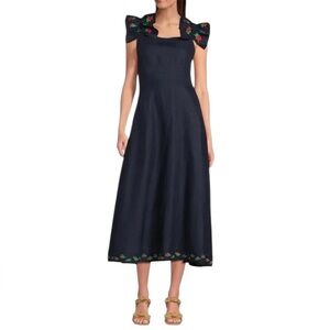 Fanm Mon Alanya On/Off-the-Shoulder Rose Embroidered Linen Midi Dress Indigo NWT